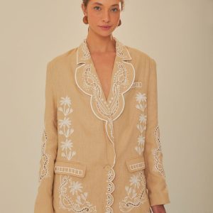 Khaki Embroidered Euroflax™ Premium Linen Blazer
 – FARM Rio