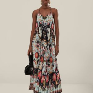 Blue Flowing Beauty Pleated Sleeveless Midi Dress
 – FARM Rio