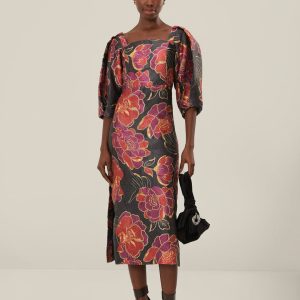 Black Shiny Chita Short Sleeve Midi Dress
 – FARM Rio