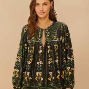 Black Flowers Arch LENZING™ ECOVERO™ Euroflax™ Blouse
 – FARM Rio