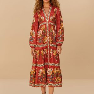 Red Garden Delight Long Sleeve Midi Dress
 – FARM Rio
