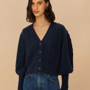 Navy Blue Mixed Stitches Knit Cardigan
 – FARM Rio