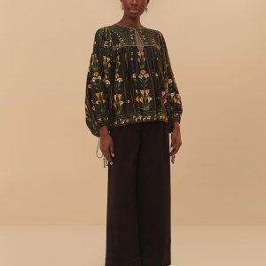 Black Twill Belted Wide Pants
 – FARM Rio