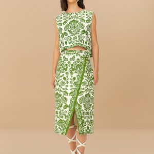Green Delicate Tapestry LENZING™ ECOVERO™ Euroflax™ Midi Skirt
 – FARM Rio