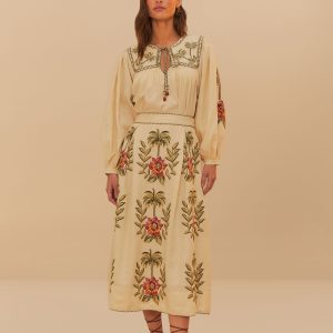 Sand Tropical Flower Embroidered LENZING™ ECOVERO™ Euroflax™ Maxi Skir
 – FARM Rio