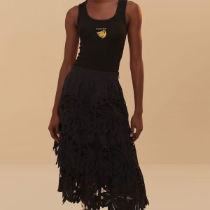 Black Daisy Embroidered Midi Skirt
 – FARM Rio