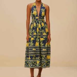 Delicate Pineapple Navy Blue Midi Dress Sleeveless
 – FARM Rio