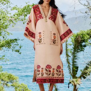Nature Embroidered Cream V Neckline Tunic Maxi Dre
 – FARM Rio