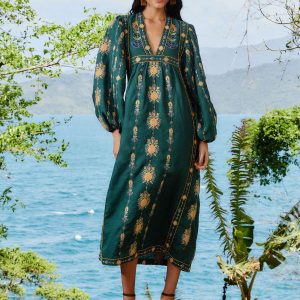 Green Pineapple Embroidered Euroflax™ Premium Linen Tunic Maxi Dress
 – FARM Rio