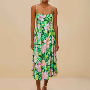 Green Painted Flowers LENZING™ ECOVERO™ Euroflax™ Midi Dress
 – FARM Rio