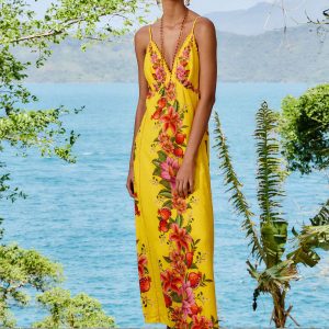 Yellow Summer Fruit Scarf LENZING™ ECOVERO™ Euroflax™ Maxi Dress
 – FARM Rio