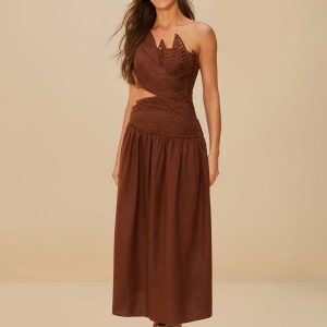 Burgundy Leaves Cut-Out LENZING™ ECOVERO™ Euroflax™ Midi Dress
 – FARM Rio