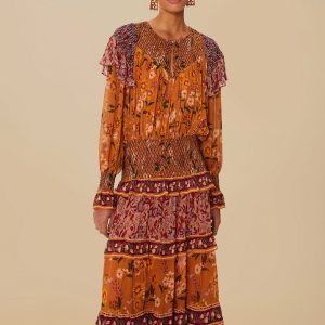 Colorful Birds Camel Smocking Long Sleeve Maxi Dress
 – FARM Rio