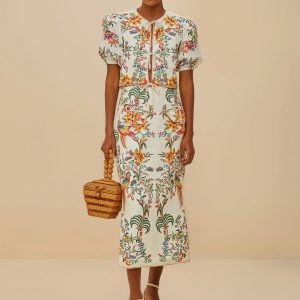 Off-White Delicate Forest Euroflax™ Premium Linen Midi Skirt
 – FARM Rio