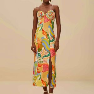 Multicolor Ocean View Twisted Cups Euroflax™ Premium Linen Midi Dress
 – FARM Rio