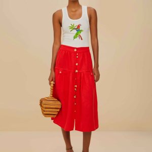 Red Mixed Buttons Euroflax™ Premium Linen Midi Skirt
 – FARM Rio