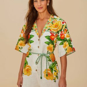 Off-White Picnic Flowers Euroflax™ Premium Linen Romper
 – FARM Rio