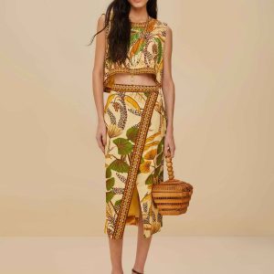 Sand Foliage Sketch LENZING™ ECOVERO™ Euroflax™ Midi Skirt
 – FARM Rio