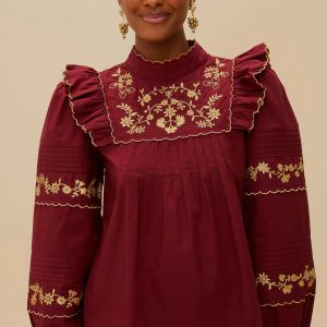 Burgundy Golden Embroidered Organic Cotton Blouse
 – FARM Rio