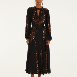 Black Berry Garden Long Sleeve Pleated Maxi Dress