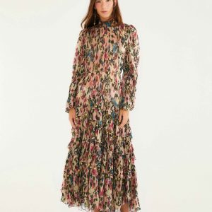 Pink Blurred Tiny Flowers Long Sleeve Maxi Dress