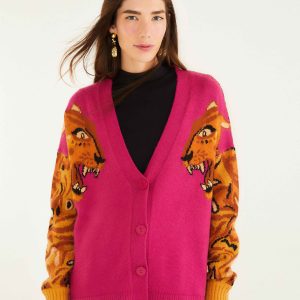 Pink Bold Tiger Buttoned Knit Cardigan