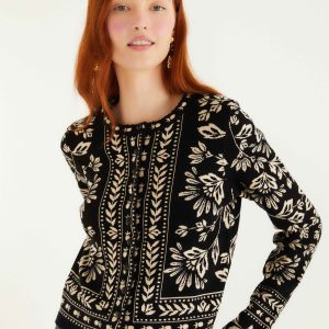 Black And White Flower Bloom Buttoned Knit Cardigan