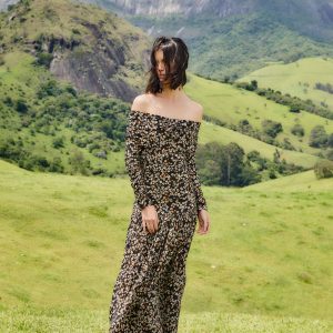 Black Tiny Flowers Long Sleeve Maxi Dress