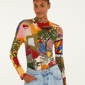 Multicolor Tropical Long Sleeve Turtleneck Blouse