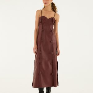 Burgundy 3d Flower Side Slit Leather Midi Dress