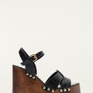 Black Studded Embossed Wedge Sandal