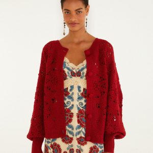 Red Crochet Flower Knit Cardigan