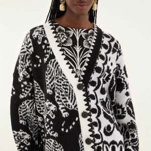 Black & White Mixed Striped Tigers Buttoned Knit Cardigan