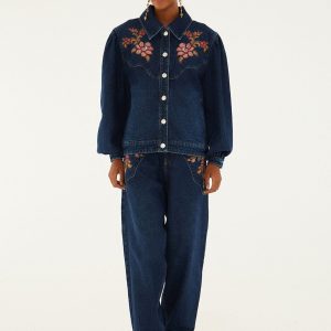 Denim Floral Embroidery Pants