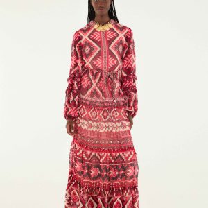 Red Graphic Ainika Belted Tiered Maxi Dress