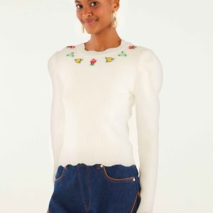 Off-White Flower Embroidery Knit Top