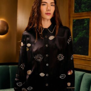 Black Beaded Kisses Buttoned Pajama Shirt