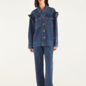 Denim Embroidered Flowers Pants