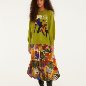 Multicolor Tropical Balloon Organic Cotton Midi Skirt