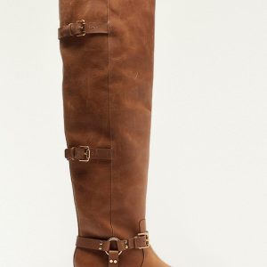 Brown Distressed Leather Buckled Over-The-Knee Boot
