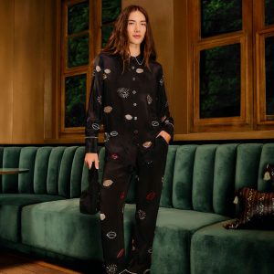 Black Beaded Kisses Side Pockets Pajama Pants