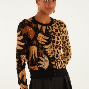 Mixed Banana Leopard Buttoned Cardigan