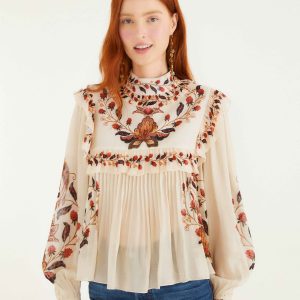 Cream Berry Garden Long Sleeve Blouse