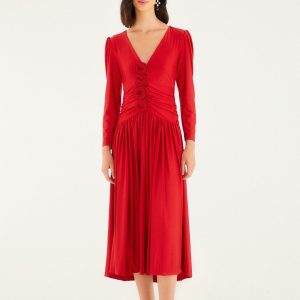 Red 3d Roses Long Sleeve Draped Midi Dress