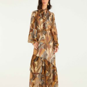 Cream Dotted Macaws Long Sleeve Maxi Dress