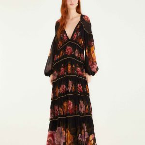 Black Chenille Flowers Long Sleeve Midi Dress