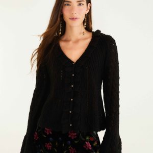 Black Lace Ruffled Knit Cardigan
