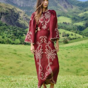 Red Artisanal Cut-Out Embroidered Euroflax™ Premium Linen Maxi Dress
