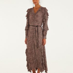 Pink Baby Leopard Long Sleeve Angled Frill Maxi Dress