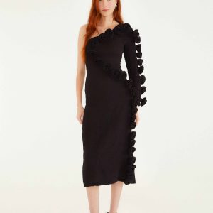 Black 3d Rose One-Shoulder Midi Dress